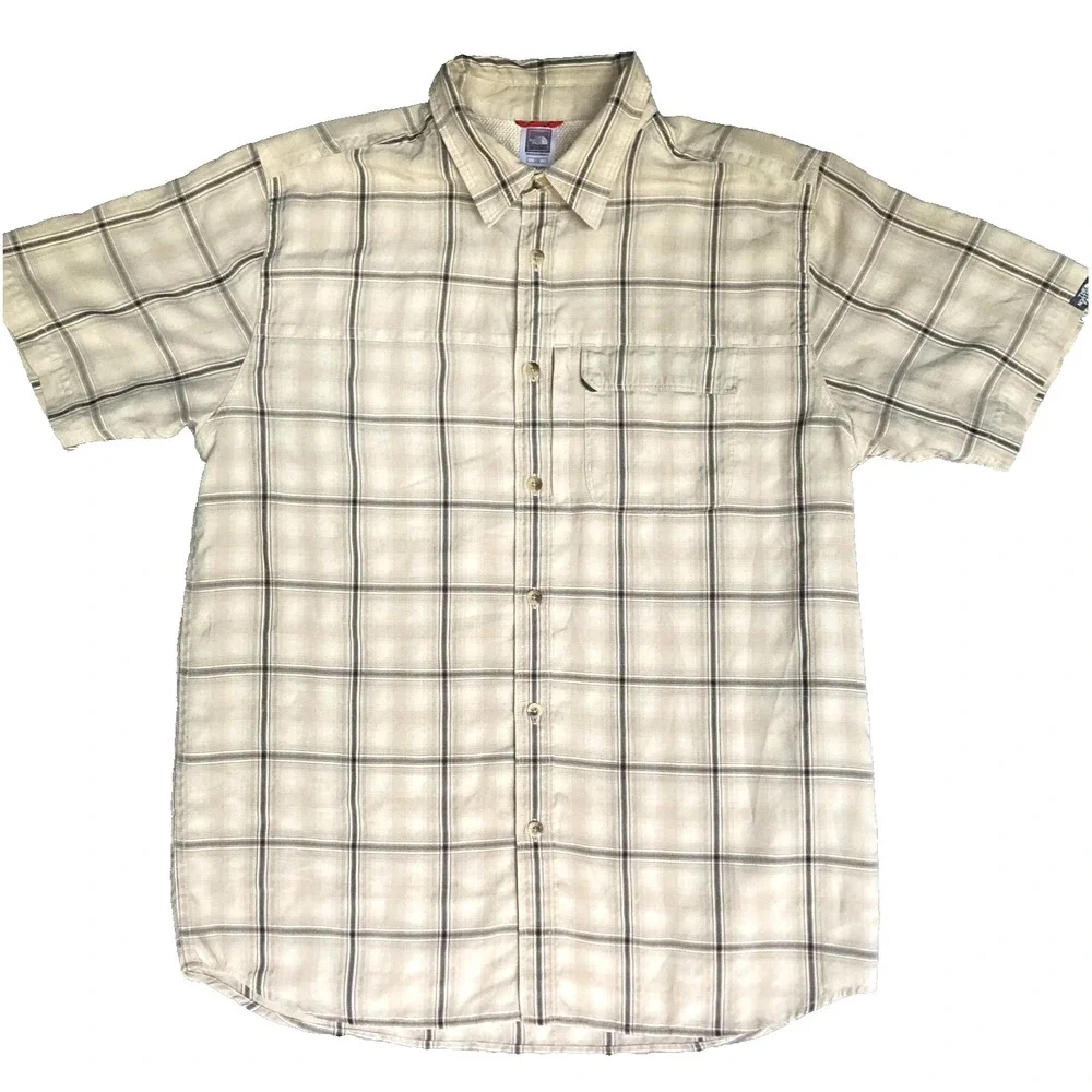 The North Face Utility Outdoor Cargo Vented Plaid Khaki Casual Camp Shirt Mens L